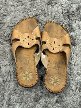 Dr. Scholl's Marti Slip On Wedge Slides Sandals Tan Leather Open Toe Sz 7.5